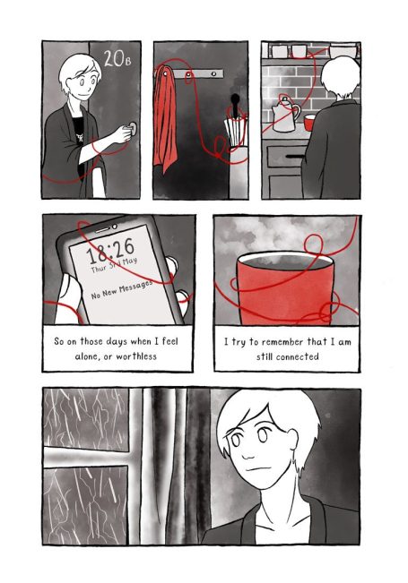 Page from sequential narrative 'Threads of fate', depicting a person linked to various people by an invisible 'red' string.